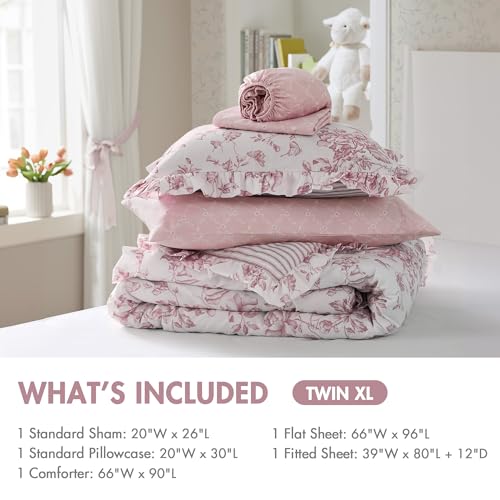 Image of Madison Park Essentials Adele Comforter Set Pink Floral Twin XL - Shabby Chic Vintage Bed in a Bag with Sheet Set, Reversible Ruffle Bedding, College Dorm Gift for Her Women Teen