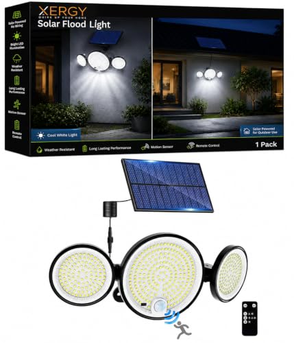 Image of XERGY Solar Powered 3 Head Outdoor Flood Light | 360 Adjustable | Remote Control | 446 LED | Human Body Motion Sensor | 1800mAh | Dusk to Dawn | 5Meter Cable | Waterproof for Home, Garden, Parking