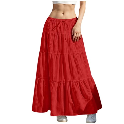 2025 Boho Long Skirts for Women Lightweight Elastic Waist Drawstring Flared Ruffle Pleated Flowy A Line Maxi Skirt