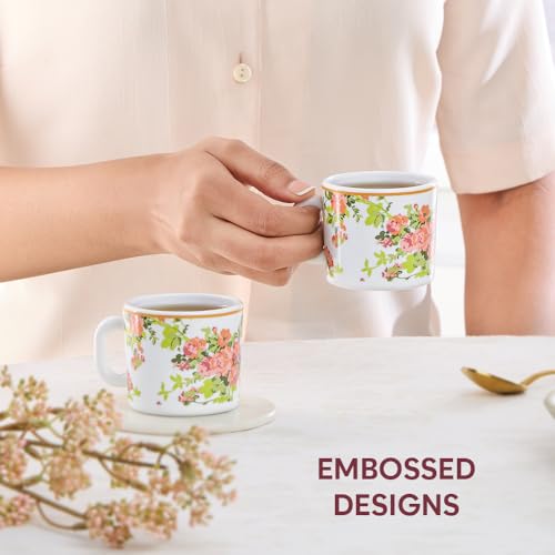 Image of Larah by BOROSIL 100ml x 6pc Opalware Amora Tea /Coffee Mug Set, Microwave & Dishwasher Safe Embossed Design Crockery Set Ideal for Daily Use & Gifting
