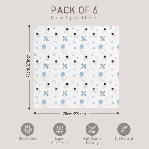 Image of GLLQUEN BABY Receiving Blanket Boy Cotton Muslin Swaddle Blankets Girl Newborn Squares Breathable & Soft Thin Baby Blankets Cloths Double Absorbent Infant Swaddling Wrap - 6 Pack (Blue Astronaut)