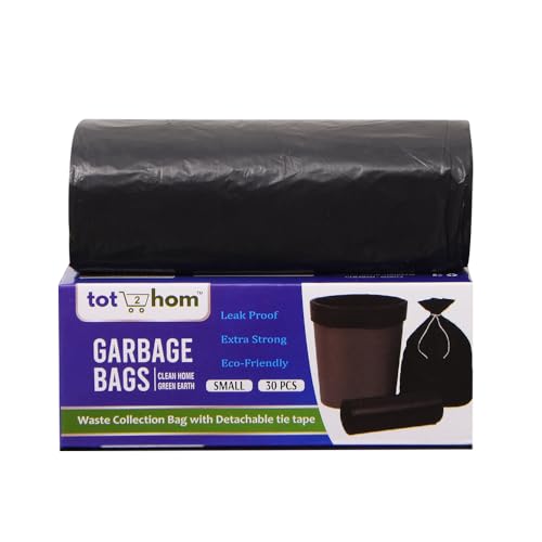 Image of Tot2hom Small Size Garbage Bags 17 x 19 Inches - Black - Pack of 1 Roll - 30 Bags | with Tie-String | Strong Leak-Proof Dustbin Covers for Home, Office, Kitchen, Bathroom, cafes, Clinics