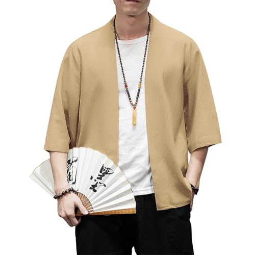 Image of PRIJOUHE Men's Kimono Jackets Cardigan Lightweight Casual Cotton Blends Linen Seven Sleeves Open Front Coat Outwear