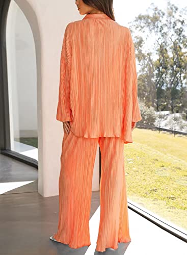 Onirike Womens Loungewear Set 2 Piece Sweatsuits Outfits Casual Pleated Long Sleeve Button Down Shirt And Palazzo Pants Orange L #TOP6