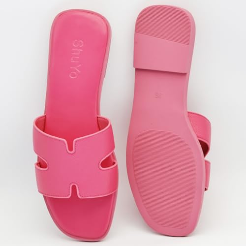 Image of Women's Flat Sandals, Ladies Leather Slippers, Comfy Dressy Slip on Shoes Elegant Slides Summer Fall Spring Cute Open Toe Casual Footwear