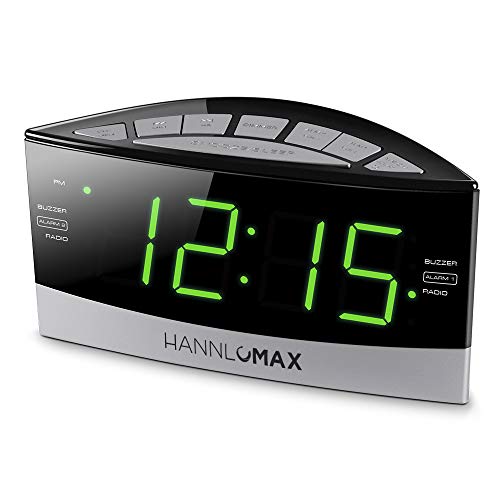 HANNLOMAX HX-100 Dual Alarm Clock, AM/FM Radio, Green LED 1.8 Inches Jumbo Display