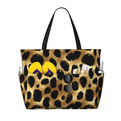 Large Beach Bags for Women Sandproof - Dark Gold Leopard Print Summer Work Travel Tote Bags with Zipper
