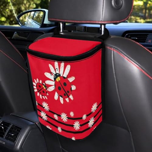 Image of KEIAHUAN Red Ladybug Daisy Hanging Car Trash Can for Back Seat Cute Trash Bag Collapsible and Portable Garbage Bin Large Capacity Automotive Garbage Cans