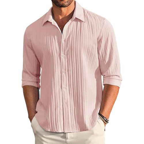 Image of DEELMO Men's Button Down Dress Shirts Textured Long Sleeve Casual Hawaiian Beach Shirt