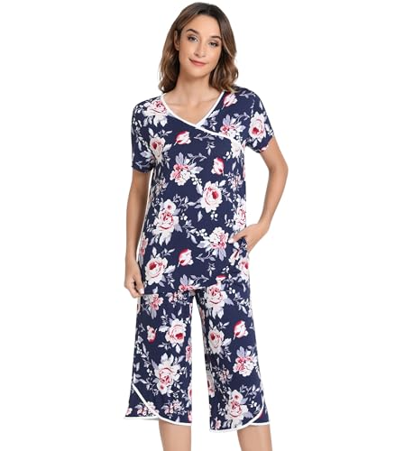 Image of NACHILA Bamboo Viscose Pajamas for Women Lace V Neck Capri Pants Pjs Set