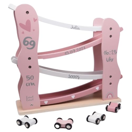 KIDSLINO Kugelbahn inkl. Autos rosa - personalisierbar I Geschenk zur Geburt & Taufe I Handmade Holzspielzeug Ab 18 Monaten I Personalisierte Geschenke Baby I Rennbahn mit Name & Geburtsdaten