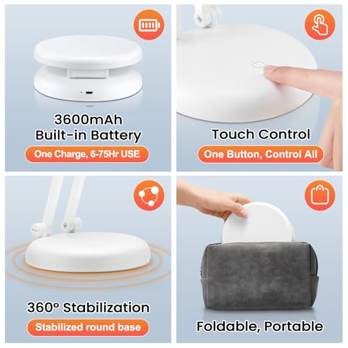 One Fire Cordless Desk Lamp for College Dorm Room,Dimmable Battery Powered Lights,3600mAh Rechargeable Wireless Table Lamp,Small Mini Lamp&Portable Classroom Light for Dorm,Bed,Reading,Home,Nail,Craft - Image 6