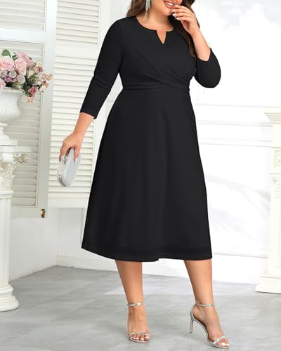 Image of Plus Size Wedding Guest Dress - Church Midi Fall Semi Formal 3 /4 Sleeve V Neck A-line Dress for Women 2025