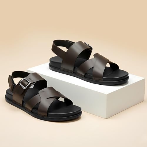 Image of Men's Premium Leather Toe Loop Slippers | Adjustable Buckle Slip-On Flats | Comfortable Cushioned Footbed | Casual Summer Beach Walking Slippers | Brown