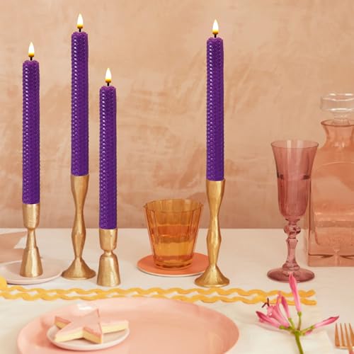 Image of Beeswax Honeycomb Flameless LED Taper Candles, 9.5 Inch Flickering Wax Candles with Remote & Timer, Purple Battery Operated Dripless Tapered Candle for Home Wedding Decor, 4 Pack