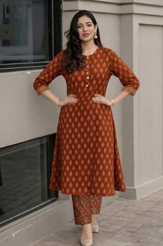 Image of ANNI Designer Kurta Set for Women Viscose Printed | Kurti Set for Woman | Kurta Pant Set | 2 Piece Set Women | Mandarin Neck 3 /4 Sleeve Regular Fit Stylish Ethnic Outfit Clothing