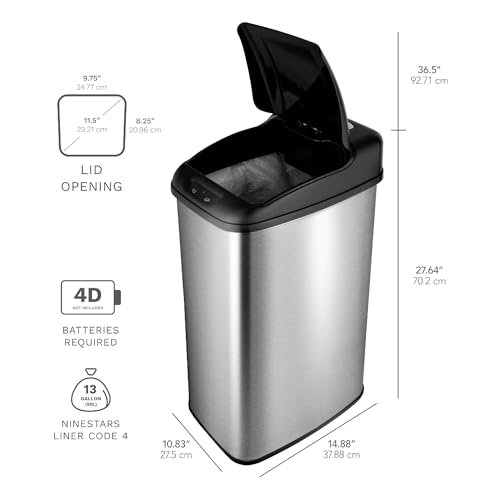 Image of NINESTARS DZT-50-6 Automatic Touchless Infrared Motion Sensor Trash Can, 13 Gal 50L, Stainless Steel Base (Rectangular, Black Lid)