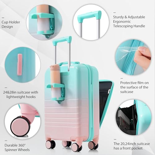 Luggage Set of 3,20,24,28inch with USB Port,20,24inch with front opening design Airline Certified Carry on Luggage with Cup Holder,ABS+PC Hard Shell Luggage with Spinner Wheels,light blue3