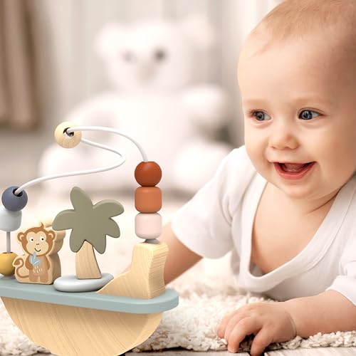 Image of Speedy Monkey Rocking Beads Maze - Soft Colored Wooden Monkey Bead Maze, Gently Rocks and Twists, 7 Beads for Dexterity and Coordination, Non-Toxic Paint, Ideal for Kids 1-3 Years, Educational Toy | 7 beads, monkey rocker frame, baby bead maze, dexterity sensory play, non-toxic paint finish, fine motor learning, creative