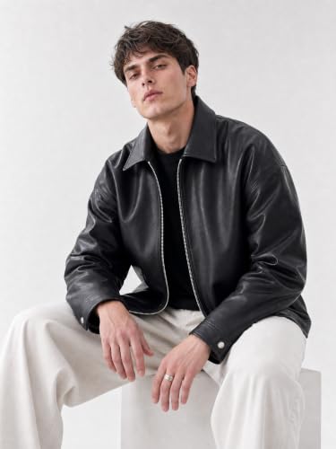 Image of EF **Elite Fame OBSIDIAN Premium Faux Leather Jacket for Men | Oversized Boxy Fit, Shirt Collar, Full Sleeve, Front Zipper Closure, Stylish Casual Winter Streetwear Jacket.