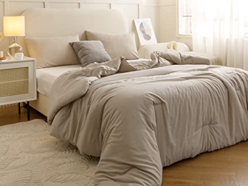 Image of ROSGONIA Queen Comforter Set Oatmeal, 3pcs(1 Boho Oatmeal Comforter & 2 Pillowcases) All Season Soft Bedding Lightweight Bedspread Blanket Quilt