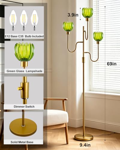 Image of Lightdot Dimmable Green Glass Floor Lamp Mid Century Modern Gold Floor Lamps with Warm White Bulbs Included 3-Arm Standing Tall Lamp with 5Lbs Heavy Base for Living Room /Bedroom /Home Office