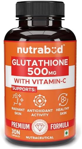 Nutrabud Glutathione Tablets 500mg with Vitamin-C - 30 Veg Capsules - Supports Radiant Skin Glow for Women, Men (30 Count (Pack of 1), Unflavoured)