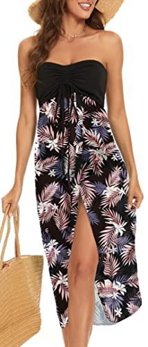 florynova Women’s Off Shoulder Split Long Dress, Pink Purle Leaves, M