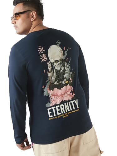 Image of Bewakoof Plus Men's Graphic Print Regular Fit Full Sleeve Round Neck Cotton Plus Size T-Shirt