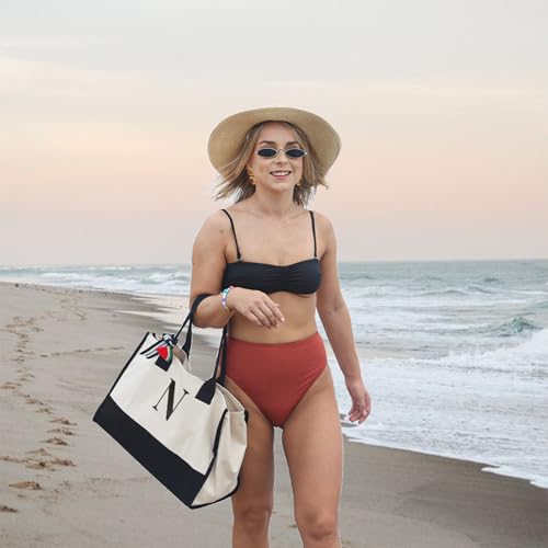 Image of Salt Earth Canvas Tote Bag for Women, Personalized Initial Monogram Tote, Beach Grocery Utility Tote for Travel & Work