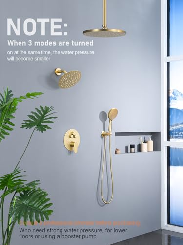 Image of Woindo Shower Faucet Set 10 inch Rain Shower Head /8'' Side Shower Head and 3 Setting Handheld Ceiling Mount 3 Push Button Diverter Complete Rainfall Round Shower System Included Valve Trim Kit