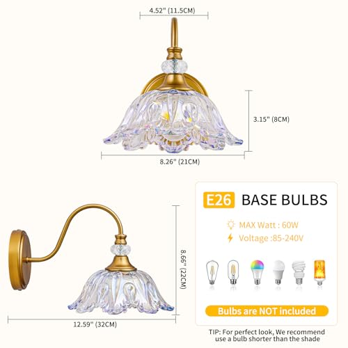 Image of 1 Piece Vintage Wall Sconce with Floral Rainbow Glass Shade, Matte Brass Finish Wall Mount Lighting for Bathroom,Vintage Bathroom Vanity Light Fixtures