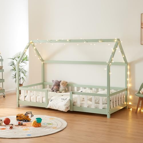 [en.casa] Children's House Bed 90x200cm - Pine, Mint Green/White