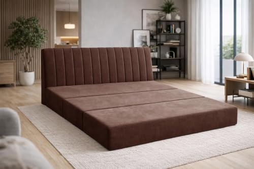 Image of Deco Studio 3 Seater Floor Sofa Bed with Adjustable Backrest, Modern Velvet Fabric Folding Couch for Living Room, Guest Room & Small Spaces - Brown Color