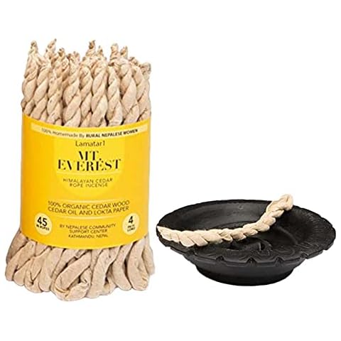 Lamatar1 Rope Incense Burner with Mt. Everest Himalayan Cedar Rope Incense 45 Pcs - 4 inch Long Each Cover