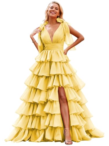 Image of TORYEMY Tiered Tulle Prom Dress Long Ball Gown Deep V Neck Formal Evening Dresses with Slit Ruched for Women