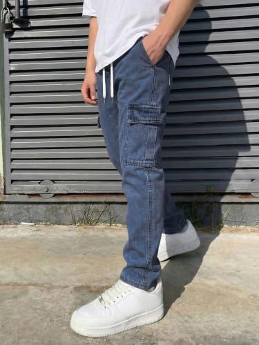 Image of JMIERR Men's Elastic Waist Cargo Jeans Stretch Denim Pants with Drawstring Straight Leg for Casual Daily Wear