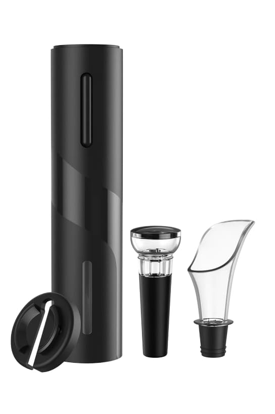 Sacacorchos eléctrico. Abridor de vino eléctrico 4 en 1, abrebotellas eléctrico, cortador hojalata, tapón al vacío y decantador antigoteo. Sacacorchos profesional. Regalos originales para hombre.
