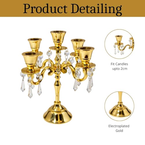 Image of Premium 8Inch Golden Aluminum 5-Arm Candle Stand with Crystal Hangings | Luxury Centerpiece for Home Decor, Weddings, Festive Decoration & Dining Table