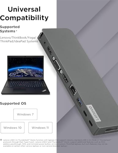 Image of Lenovo 7-in-1 USB-C Dock, Portable Docking Station, 2 x USB-C, VGA, HDMI 4K, Support Dual Display, Ethernet Port, 65W Power Delivery, for ThinkPad, Latitude, ProBook, EliteBook, MacBook Laptop