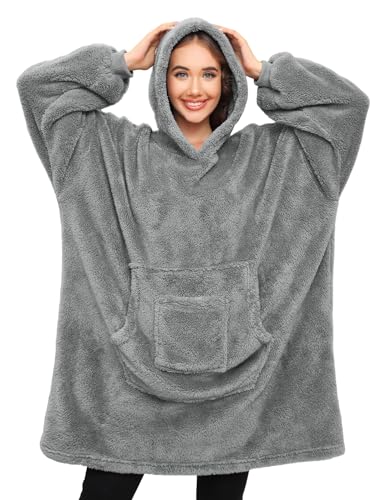 RITOSTA Cobertor de camisola com capuz camisola manta com capuz para mulheres homens inverno gigante manta de forro polar Sherpa com bolsos, presente para mulher homem, tamanho único, Cinza claro,