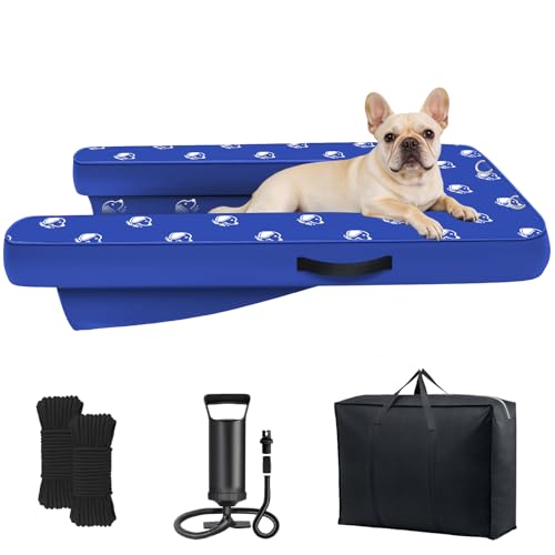 Inflatable Dock Platform Medium Dog Boat Ramp Floating Non-Slip Oxford and PVC with Small Water Ramp for Dogs Pool Dock Lake with Traction Rope Manual Air Pump (3.5ft x 2.2ft x 4in) M03