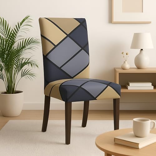 Image of Stretchable Dining Chair Cover - Washable, Removable, Anti-Slip, Protector, Universal Fit (Set of 2, Grey & Beige Geometric)
