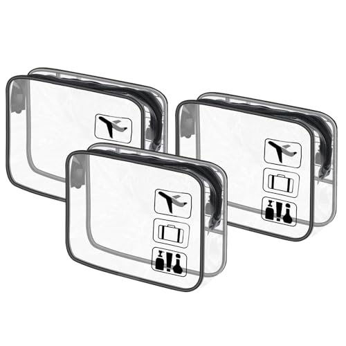 3 Piezas Neceser Mujer Hombre, Bolsa Transparente Avion, Neceser de Aseo Bolsas Transparente Viaje Avion Impermeable PVC para Líquidos Cosméticos(20 x 15 x 6 cm)