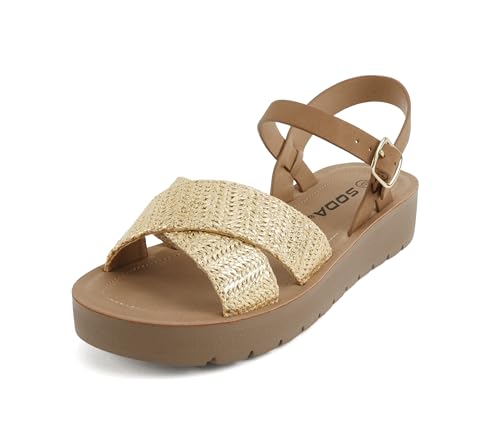 Image of Soda CHESTER ~ Women Flat Sandals Flatform Ankle Buckle Criss Cross Band Straps Sandals Shoes (Gold Raffia, 5.5)