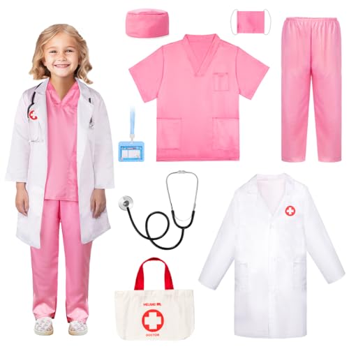 Meland Doctor Costume for Girls - Kids Scrubs with Lab Coat & Carry Bag, Doctor Dress Up for...