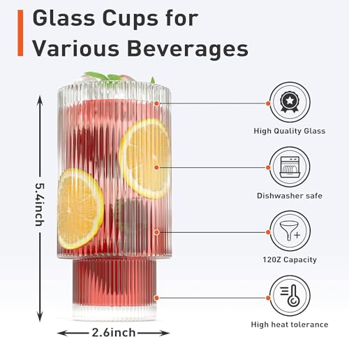 Image of WEZOSHINET 2 Pcs Heat Resistant Drinking Glasses Cup with Vertical Stripes Ribbed Pattern for Iced Coffee Cups Whiskey Cocktail Beer Water Glasses for Home Party Bar (2 Pcs /290 ML)