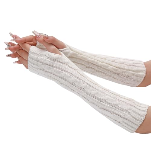 Tongcloud Arm Warmers Long Fingerless Gloves Knit Wrist Warmers with Thumb Hole Open Finger Arm Socks for Women Adult(White, 11.8inches)