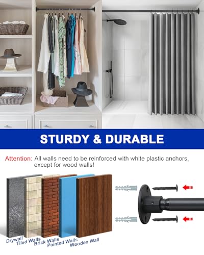 Image of Black Shower Curtain Rod, Adjustable for Bathroom 48-64 Inch, Heavy Duty Non-Slip Wall Mount, 1 inch Diameter Shower Rod with Rustproof Coating