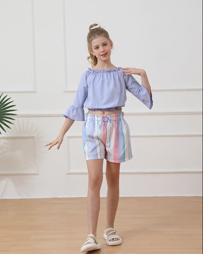 Image of Weebaby Girls Clothes 2 Piece Outfits Cute Kid Clothes Crop Top Paperbag Waist Shorts Set Summer Clothes for Tween Girls